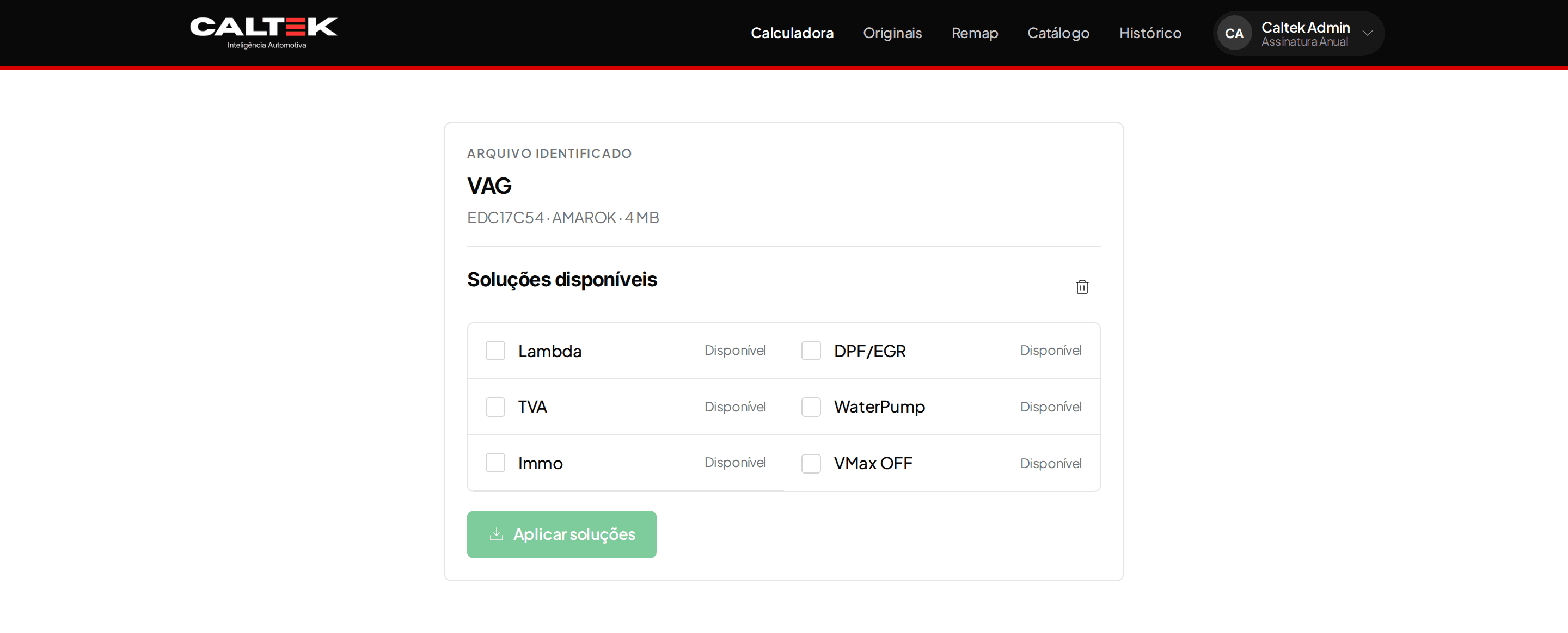 Tela da calculadora da CALTEK com o arquivo identificado como VAG EDC17C54 e a lista de soluções disponíveis para aplicar.
